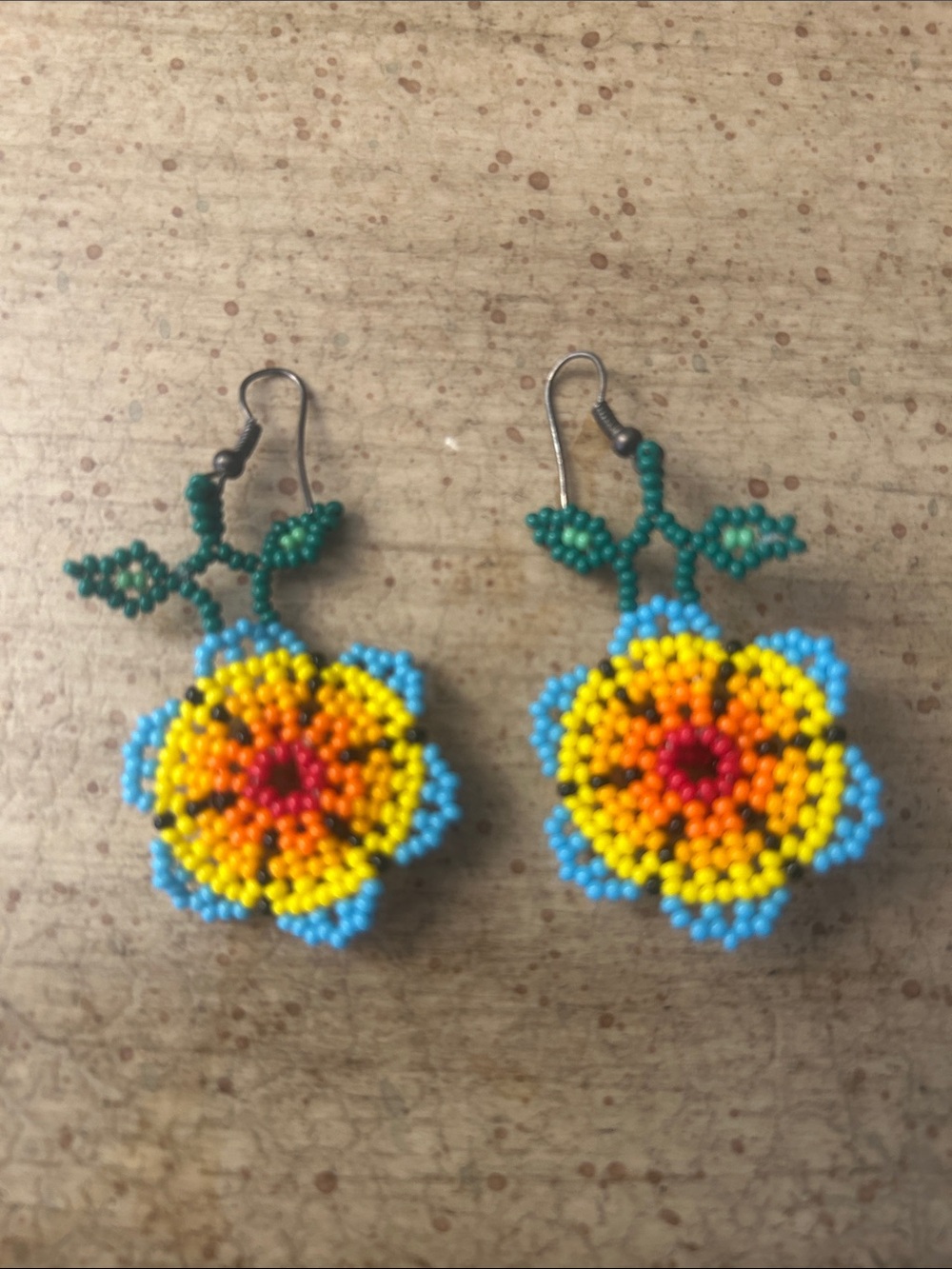 Handcrafted Beaded Floral Drop Earrings - Yellow & Blue